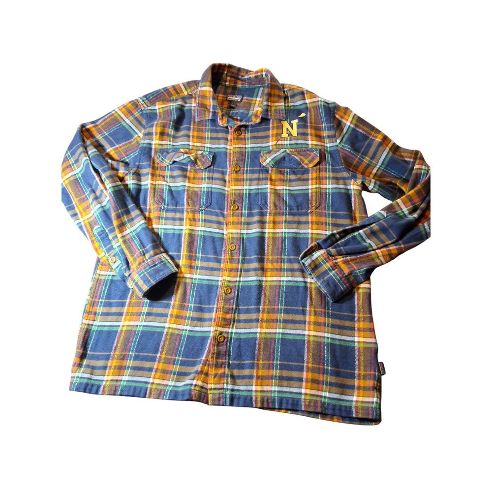 Patagonia Mens Organic Cotton Flannel Plaid Shirt Blue Orange Large